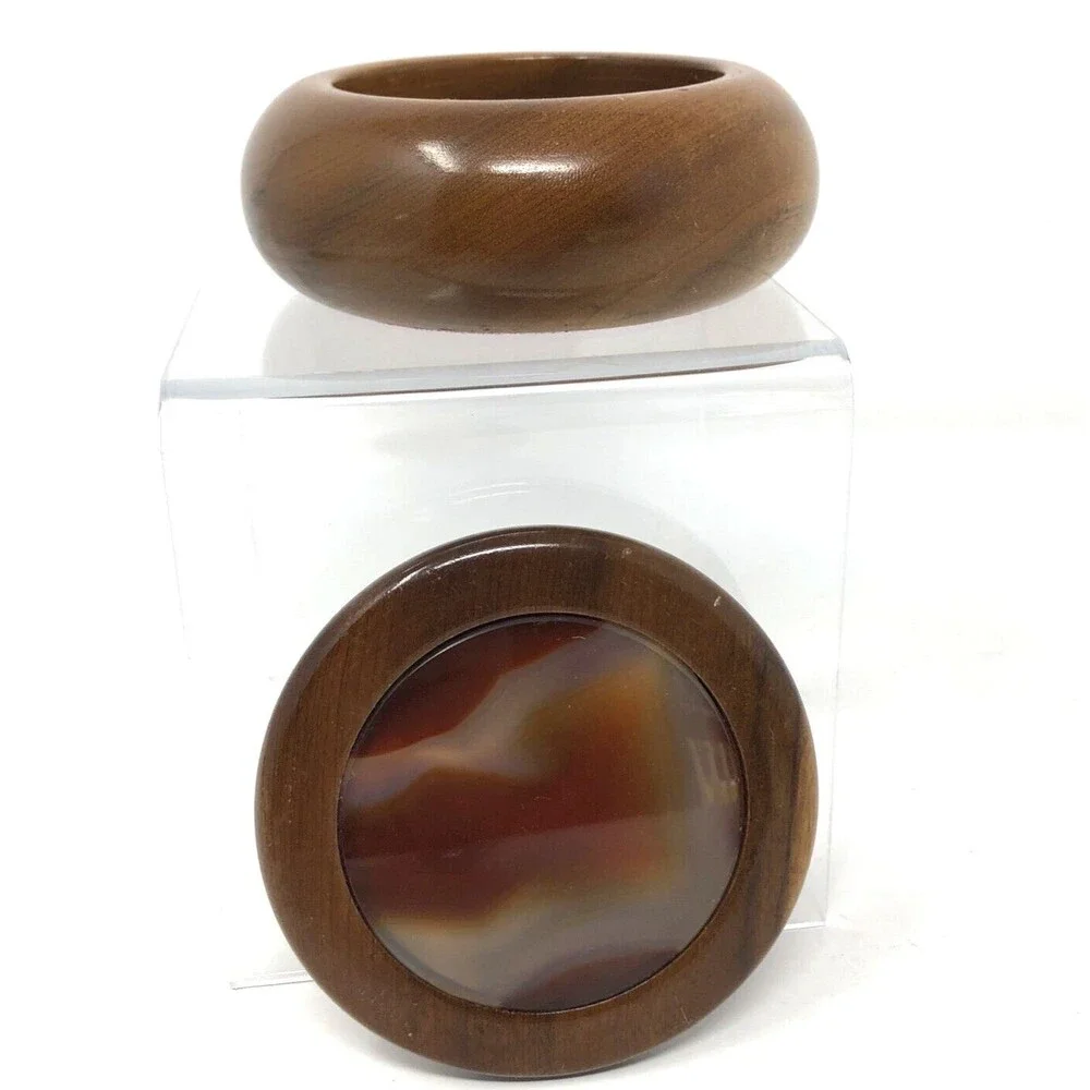 VTG Hand Crafted Wood Trinket Box w/ Agate Stone Inlay Lid Artisan Made Brazil